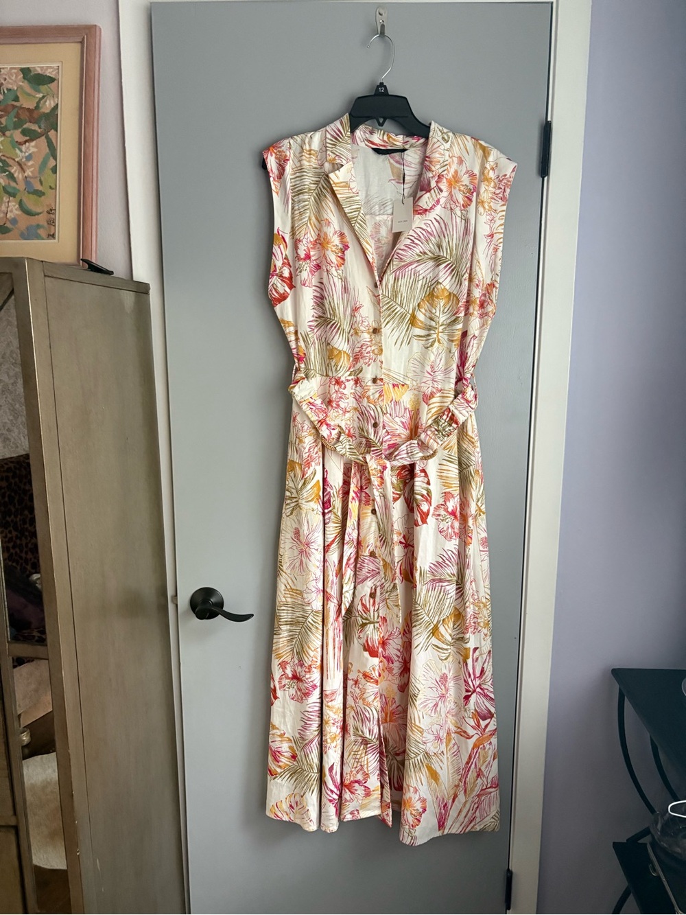 Zara Cream li en blend Maxi Dress with Pink & Yellow Tropical Print - Picture 4 of 9